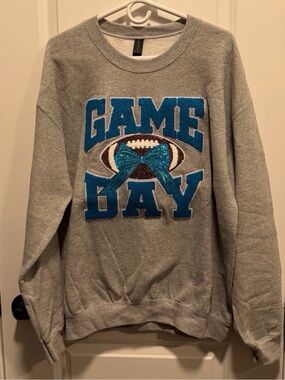 NWT Pink Magnolia Game Day Football Sweatshirt Gray Chenille Rhinestone Bow L